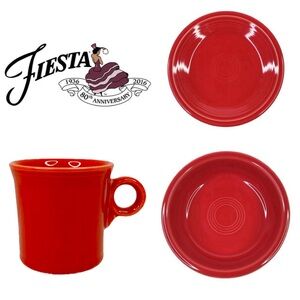 Bundle (3) Vintage Red Fiesta Homer Laughlin Lunch Plate Cereal Bowl & Cup / Mug